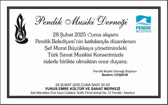 Pendik Musiki Derneği’nin Türk Sanat Musikisi Konseri 28 Şubat’ta