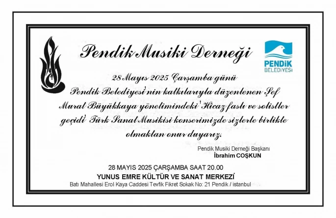 Pendik Musiki Derneği’nin Türk Sanat Musikisi Konseri 28 Mayıs’ta