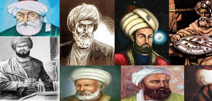 A collage of portraits featuring various historic scientists and scholars from different cultures and eras, including prominent figures like Ibn al-Haytham, Al-Farabi, and other lesser-known scientists.